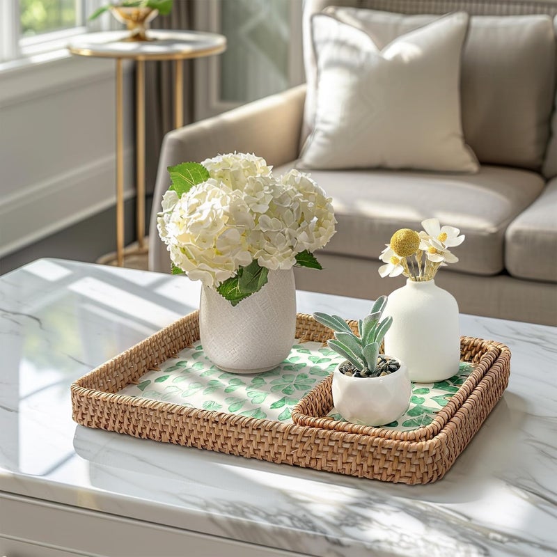Dachsy Rattan Serving Tray with Mother of Pearl Inlay,Set of 3 Wicker Serving Tray Boho,Hand-Woven from Natural Rattan, Serving Baskets for Home Decor and Coffee Table Decor (Midnight Leaf) - Image 2